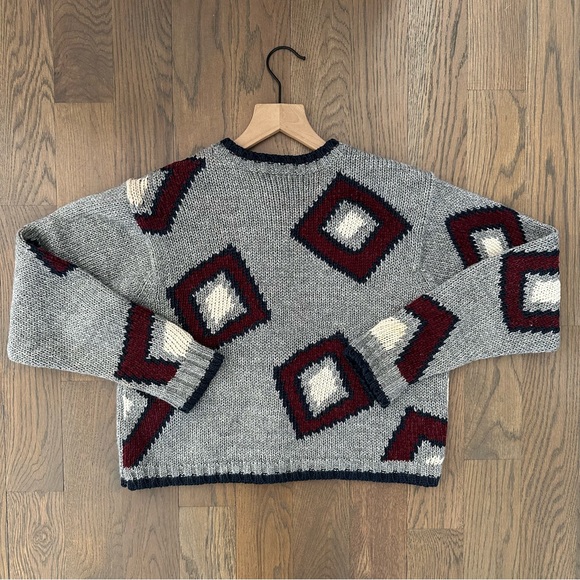 Vintage Geometric Crew Neck Cardigan Sweater Grey, Navy, Red, Cream Petite Small - Picture 7 of 8